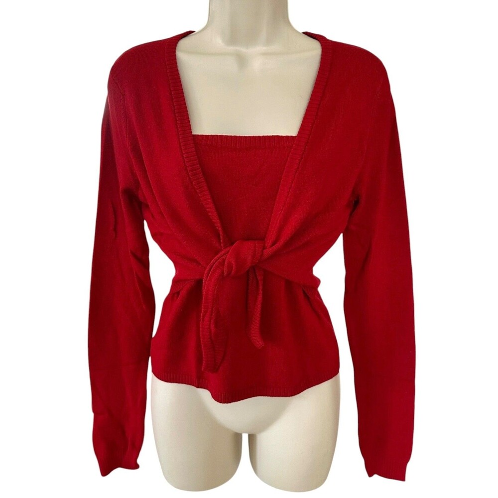 Copper Key Women's Tie Front Sweater Faux Wrap Long Sleeve Size L Red
